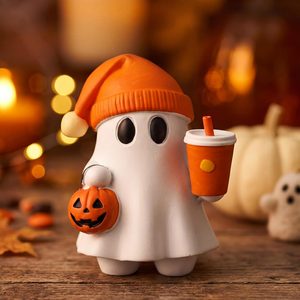 Aldernest Cute Halloween Ghost Figurine with Pumpkin Bucket and Orange Drink, 6.72 ounces