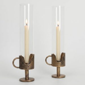 Aldernest Antique Brass Hurricane Candle Holders with Clear Glass Tube, Set of 2, Antique Gold