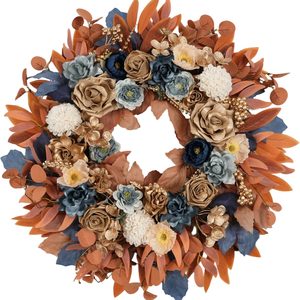 Aldernest 22“ Fall Wreath Blue Gold Flowers for Front Door Thanksgiving Decor, Blue and Gold