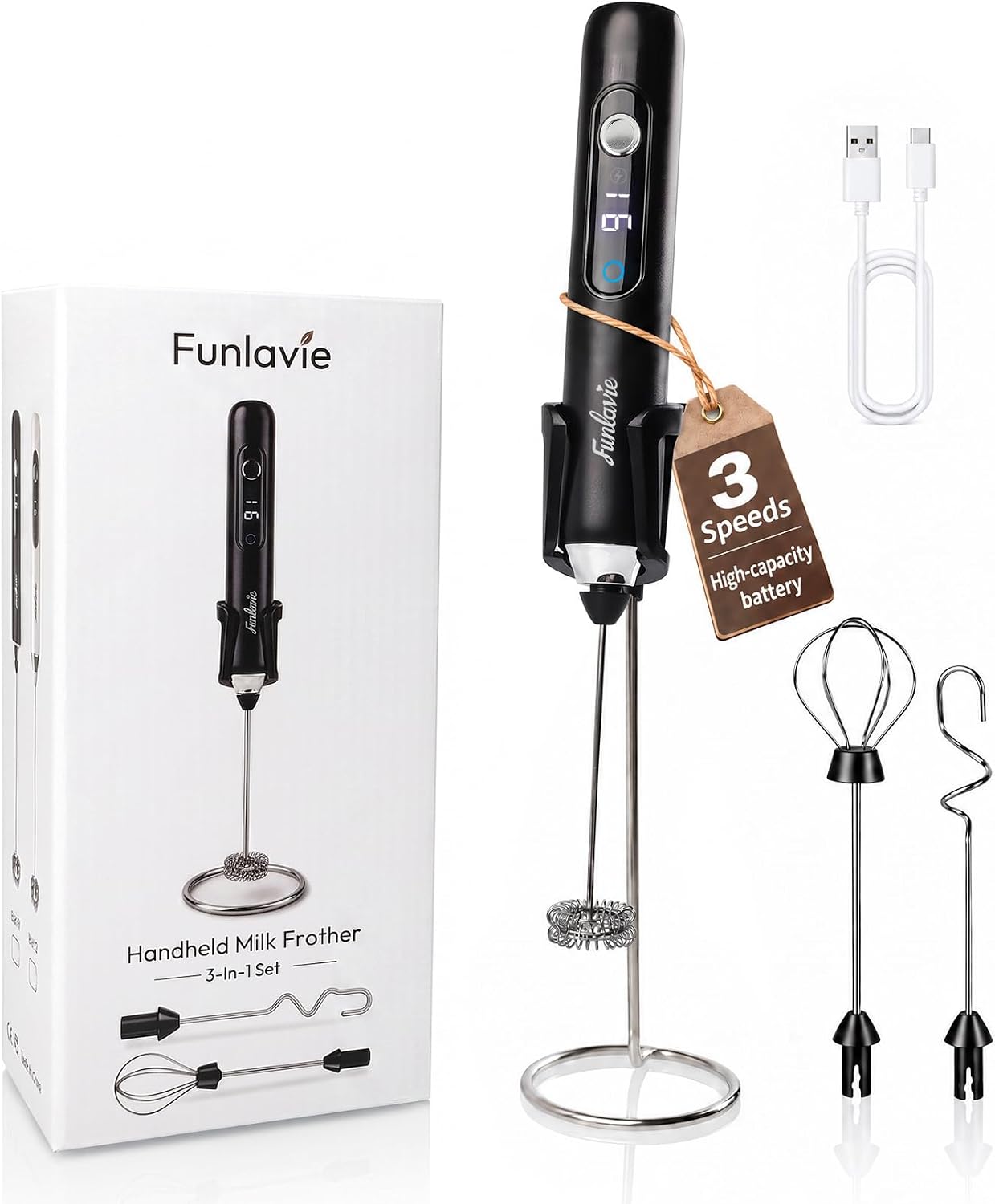 Aldernest Rechargeable Handheld Milk Frother Wand with 3 Detachable Heads, Black