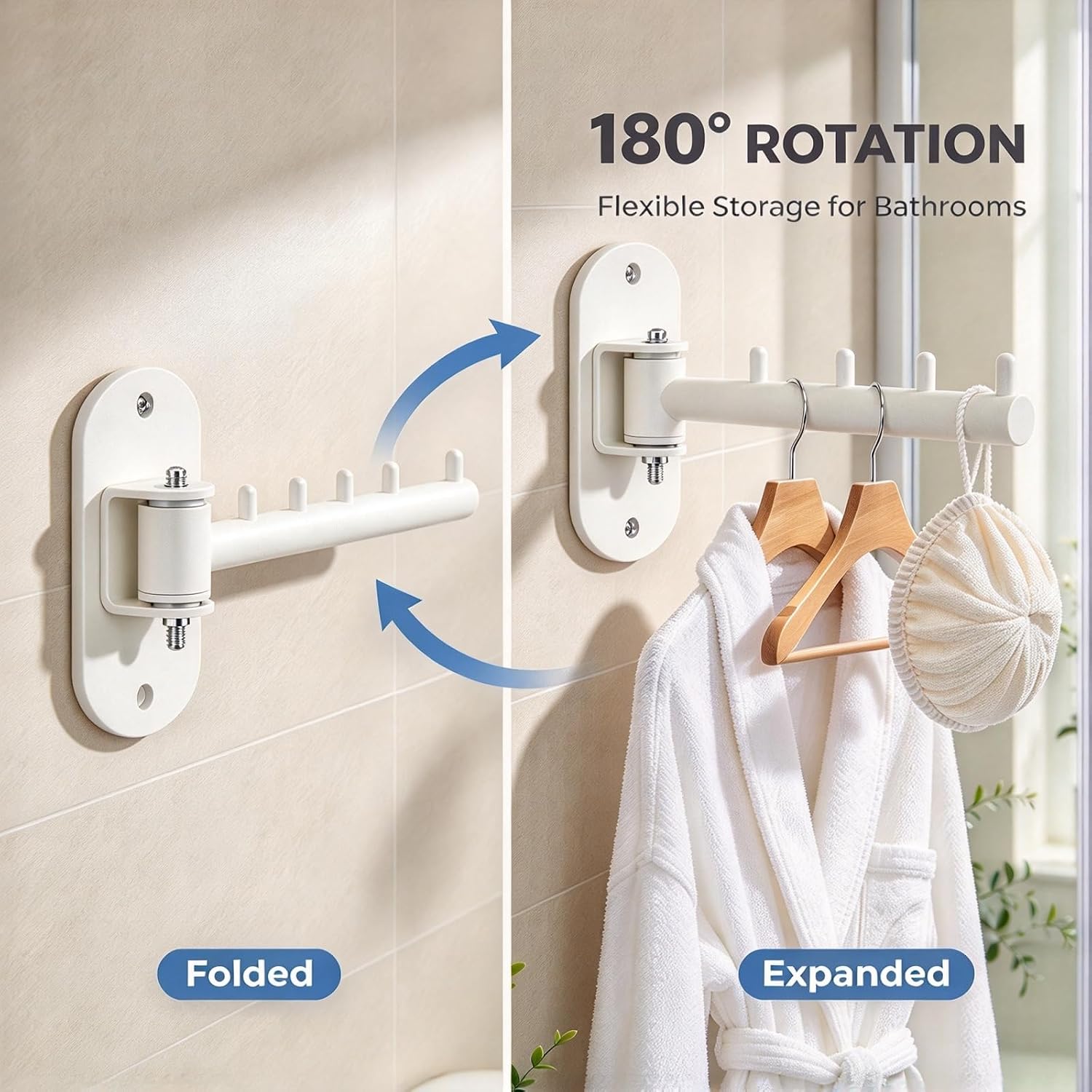 Aldernest 2pcs Wall Mounted Clothes Rack with Swing Arm 180°Rotation, White