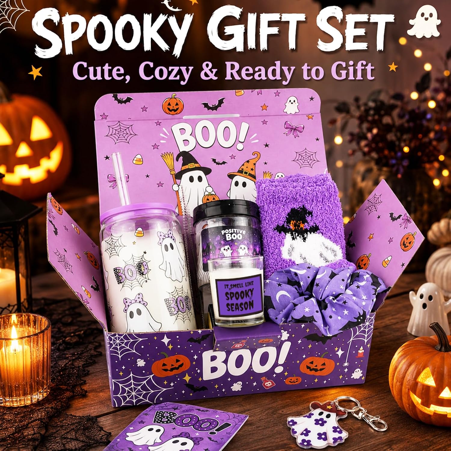 Aldernest Boo Basket Stuffers for Women Teens Girls, Halloween Gifts Basket, 18 Ounces, Purple
