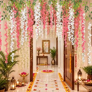 VelloHome 12 Pcs Diwali Decorations 41 Inch Artificial Wisteria Flowers, Rose-red White