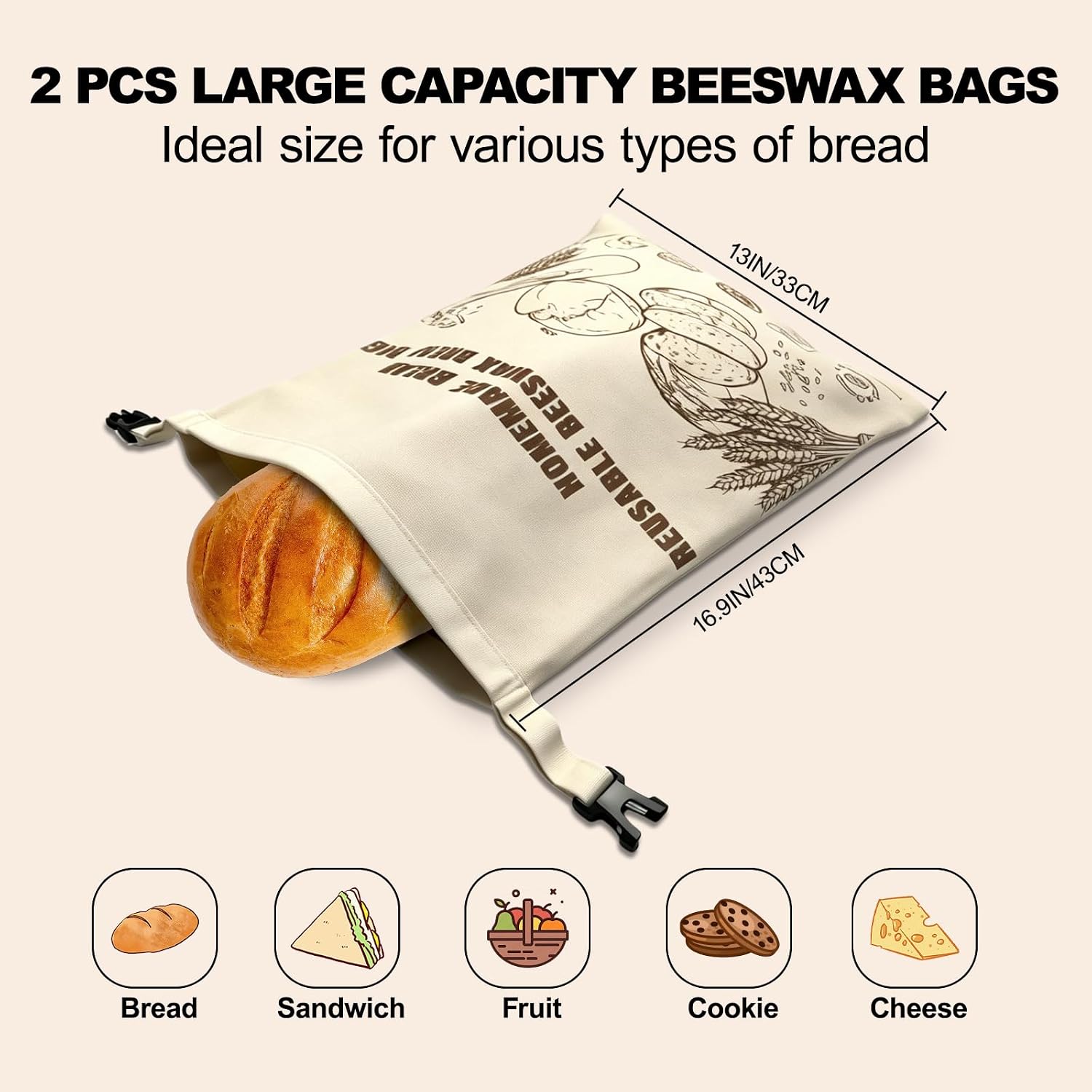 Ashenby 2 Pack Beeswax Bread Bags with Zipper, 13 inches x 17 inches, Off-White