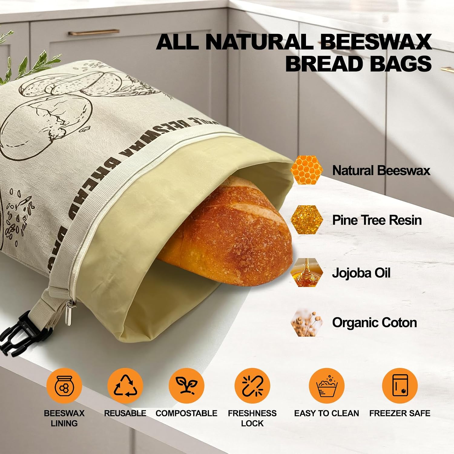 Ashenby 2 Pack Beeswax Bread Bags with Zipper, 13 inches x 17 inches, Off-White