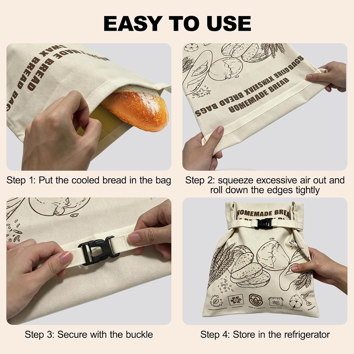 Ashenby 2 Pack Beeswax Bread Bags with Zipper, 13 inches x 17 inches, Off-White