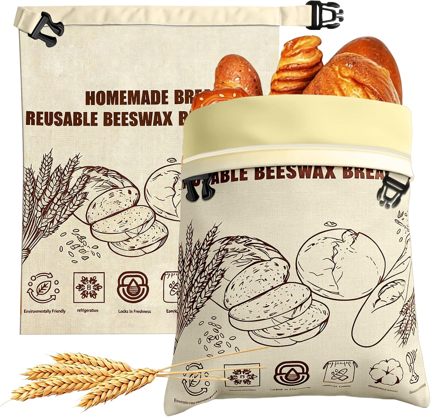 Ashenby 2 Pack Beeswax Bread Bags with Zipper, 13 inches x 17 inches, Off-White
