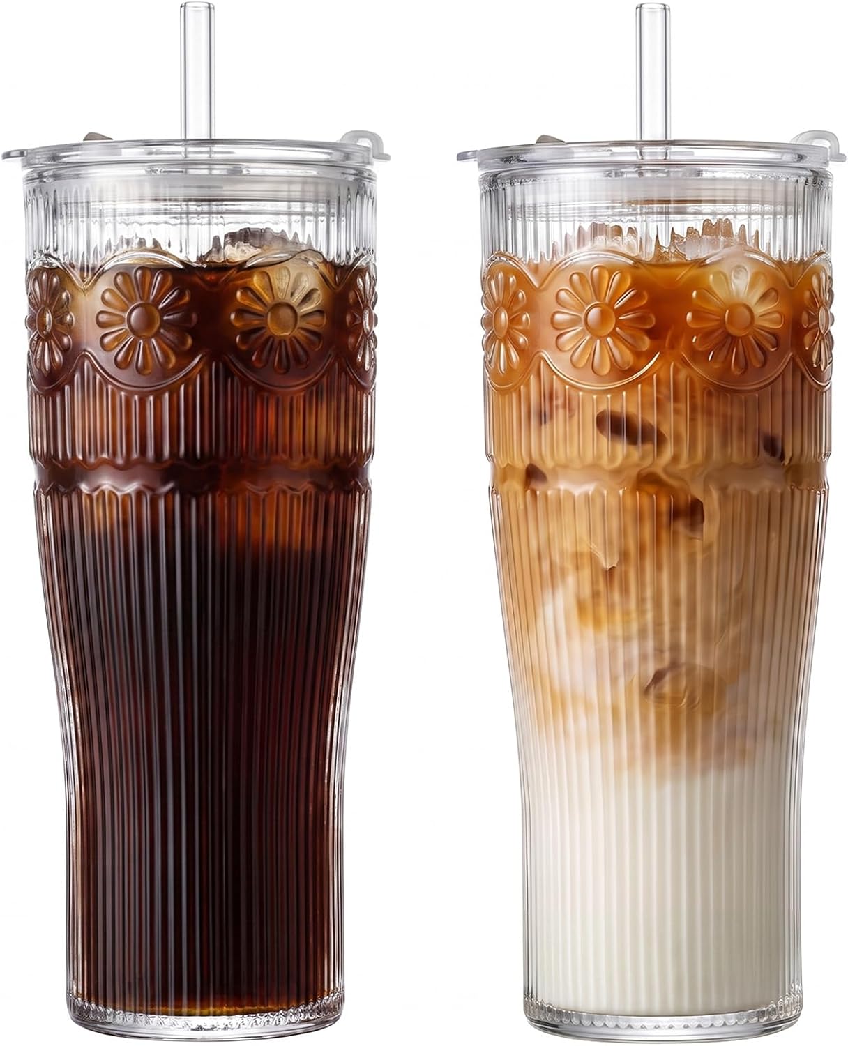 Aldernest 20 oz Iced Coffee Cups with Lids, Glass Cups with Lids and Straws, Daisy