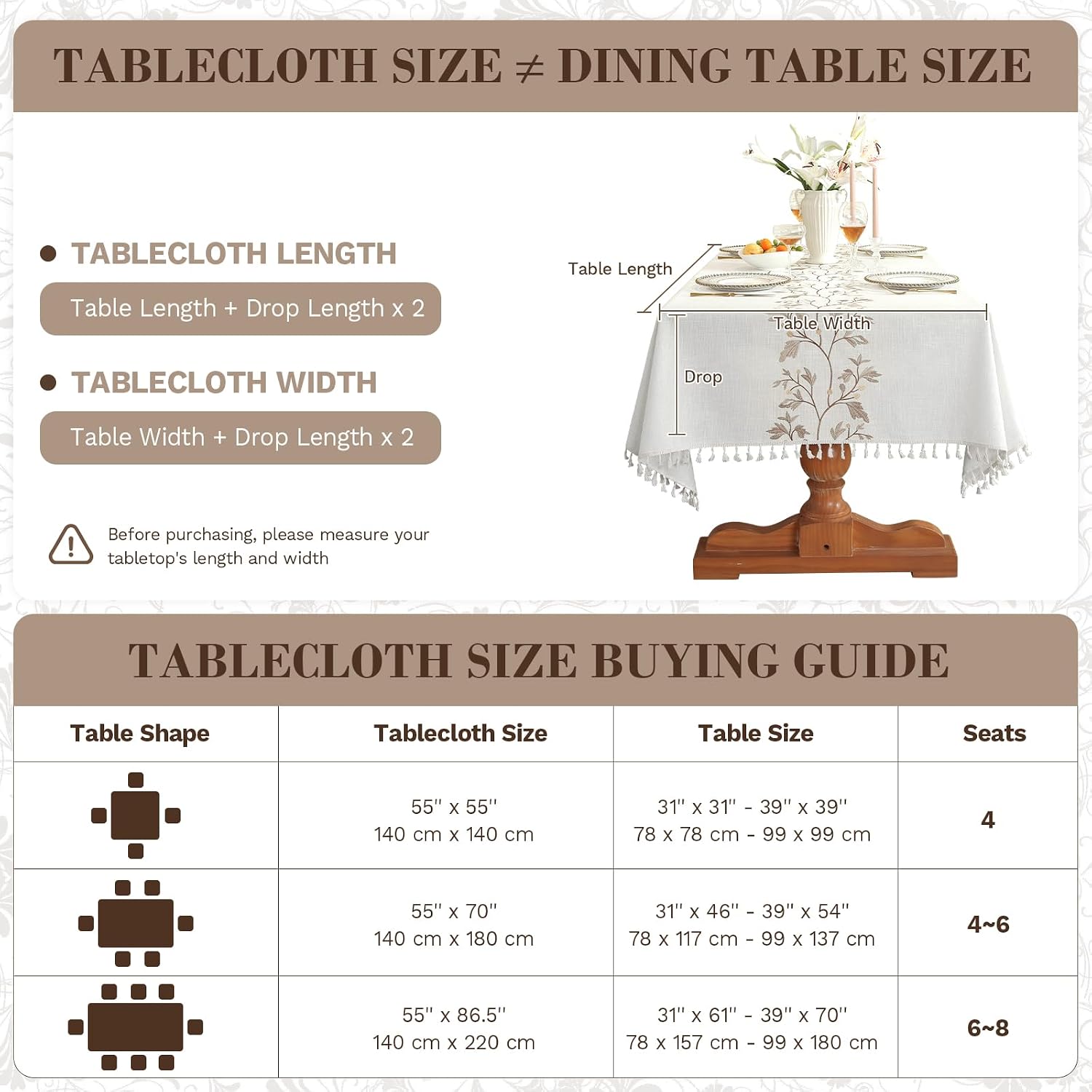 Aldernest Table Cloth Waterproof, Dining Tablecloth Square, 55" x 55", 1.5 pounds, Twig Beige