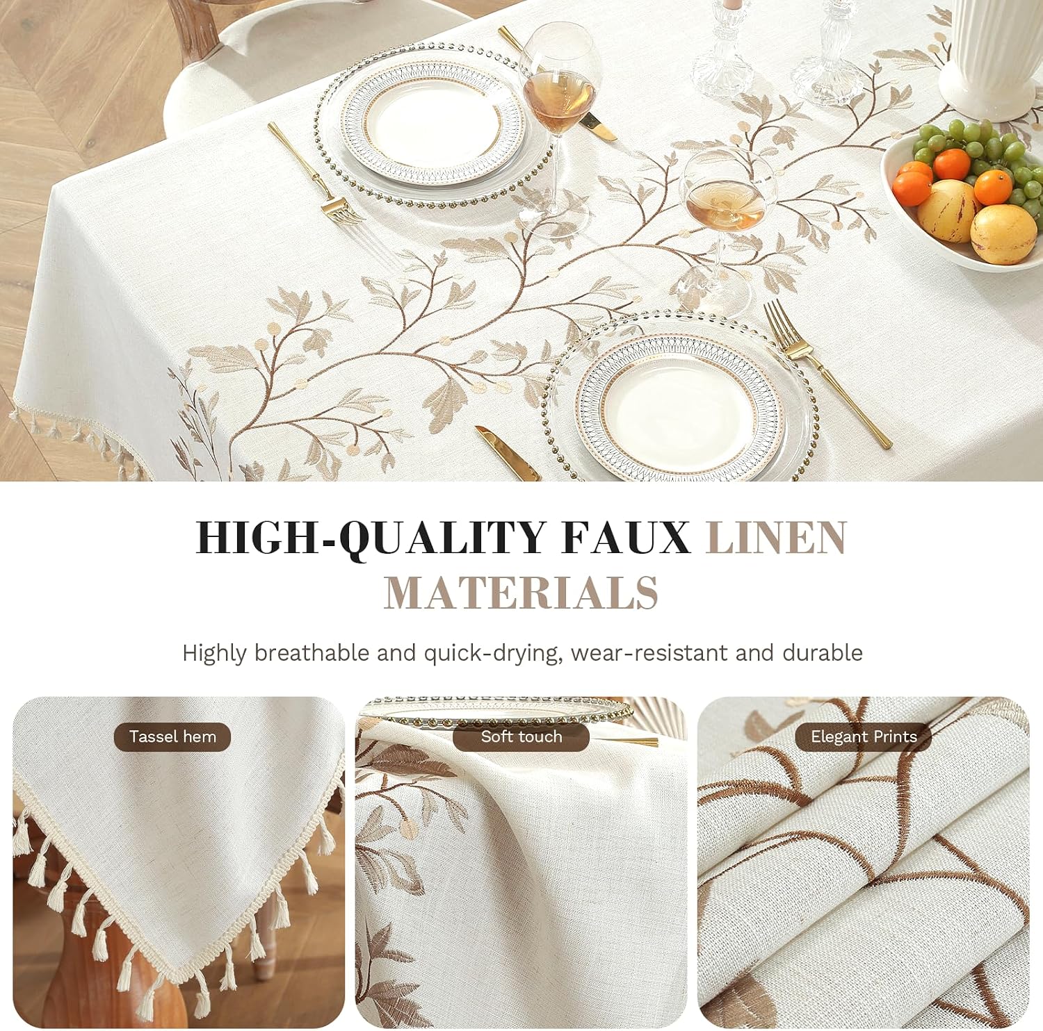 Aldernest Table Cloth Waterproof, Dining Tablecloth Square, 55" x 55", 1.5 pounds, Twig Beige