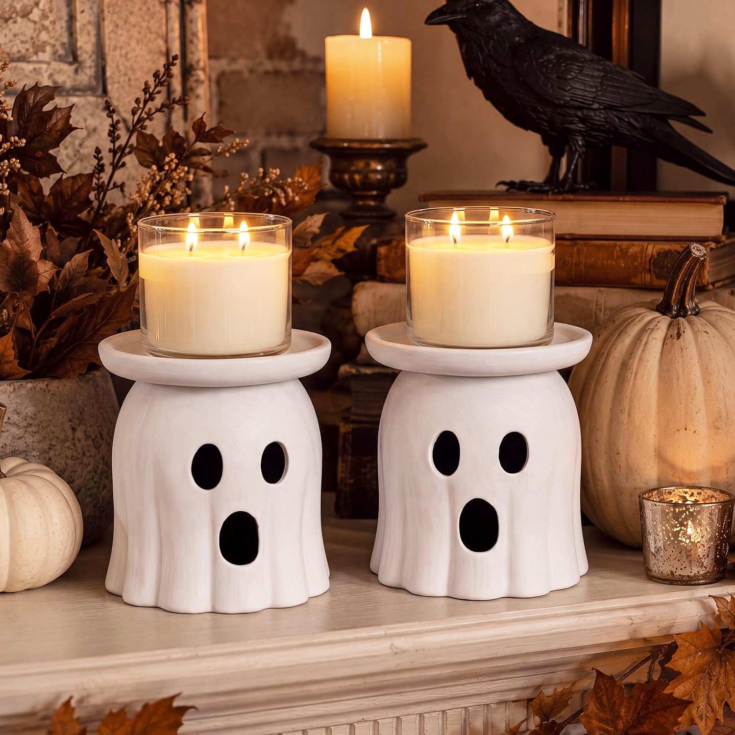 Ashenby 2 Pcs Halloween Terracotta Ghost Candle Holder Table Decor White, 2.9 pounds, Natural Terracotta Tone