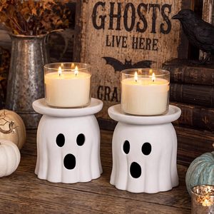 Ashenby 2 Pcs Halloween Terracotta Ghost Candle Holder Table Decor White, 2.9 pounds, Natural Terracotta Tone