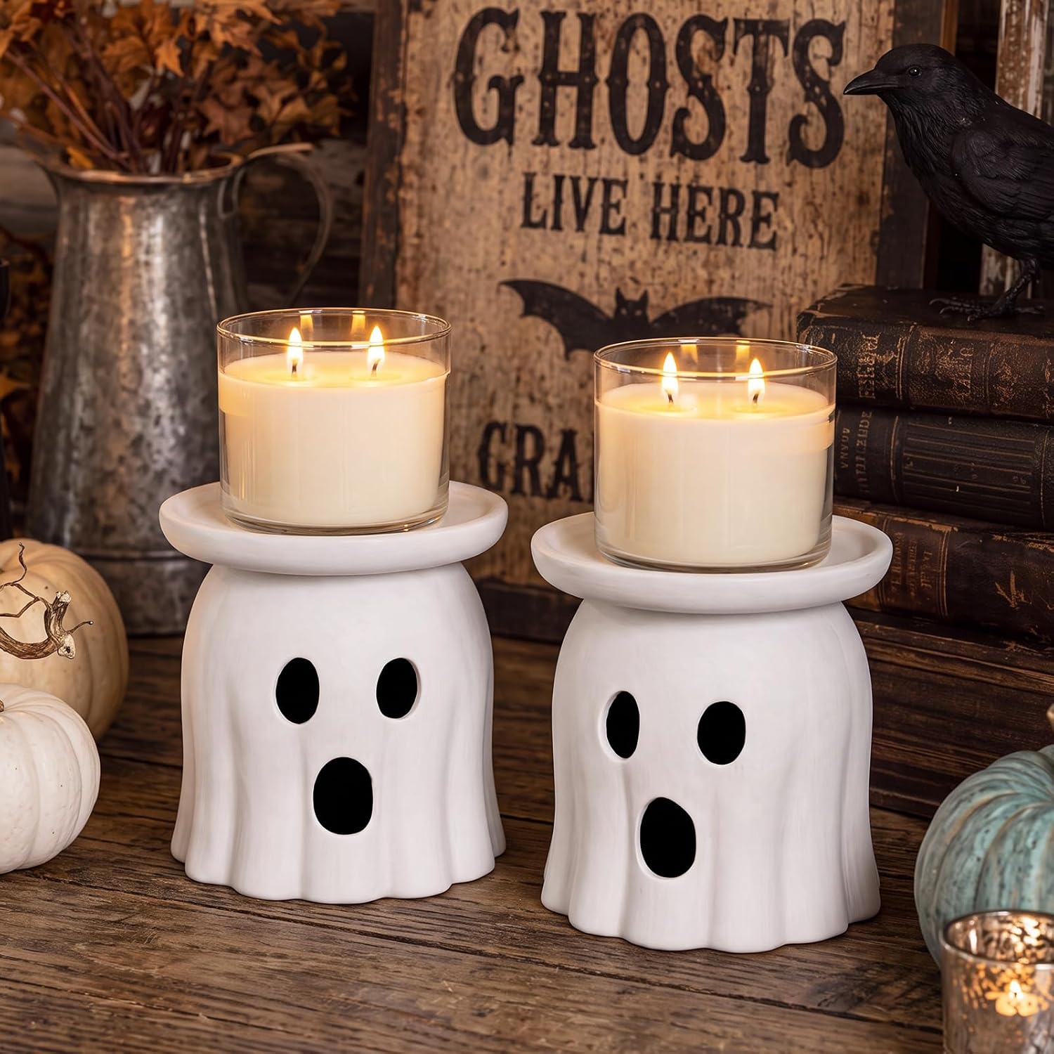 Ashenby 2 Pcs Halloween Terracotta Ghost Candle Holder Table Decor White, 2.9 pounds, Natural Terracotta Tone