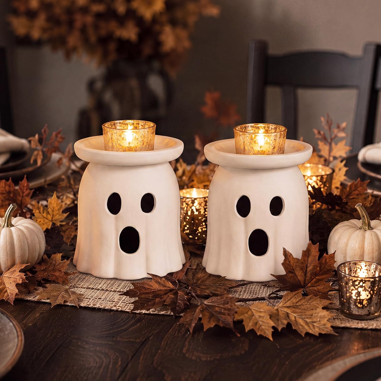 Ashenby 2 Pcs Halloween Terracotta Ghost Candle Holder Table Decor White, 2.9 pounds, Natural Terracotta Tone