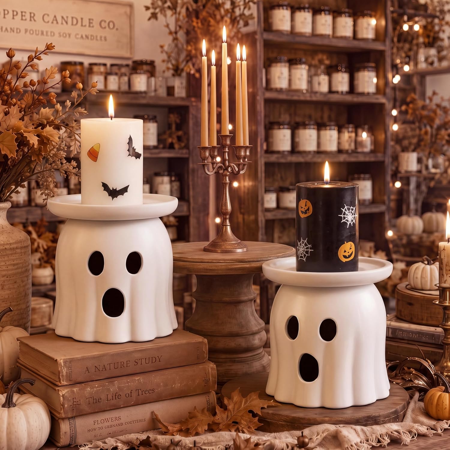 Ashenby 2 Pcs Halloween Terracotta Ghost Candle Holder Table Decor White, 2.9 pounds, Natural Terracotta Tone