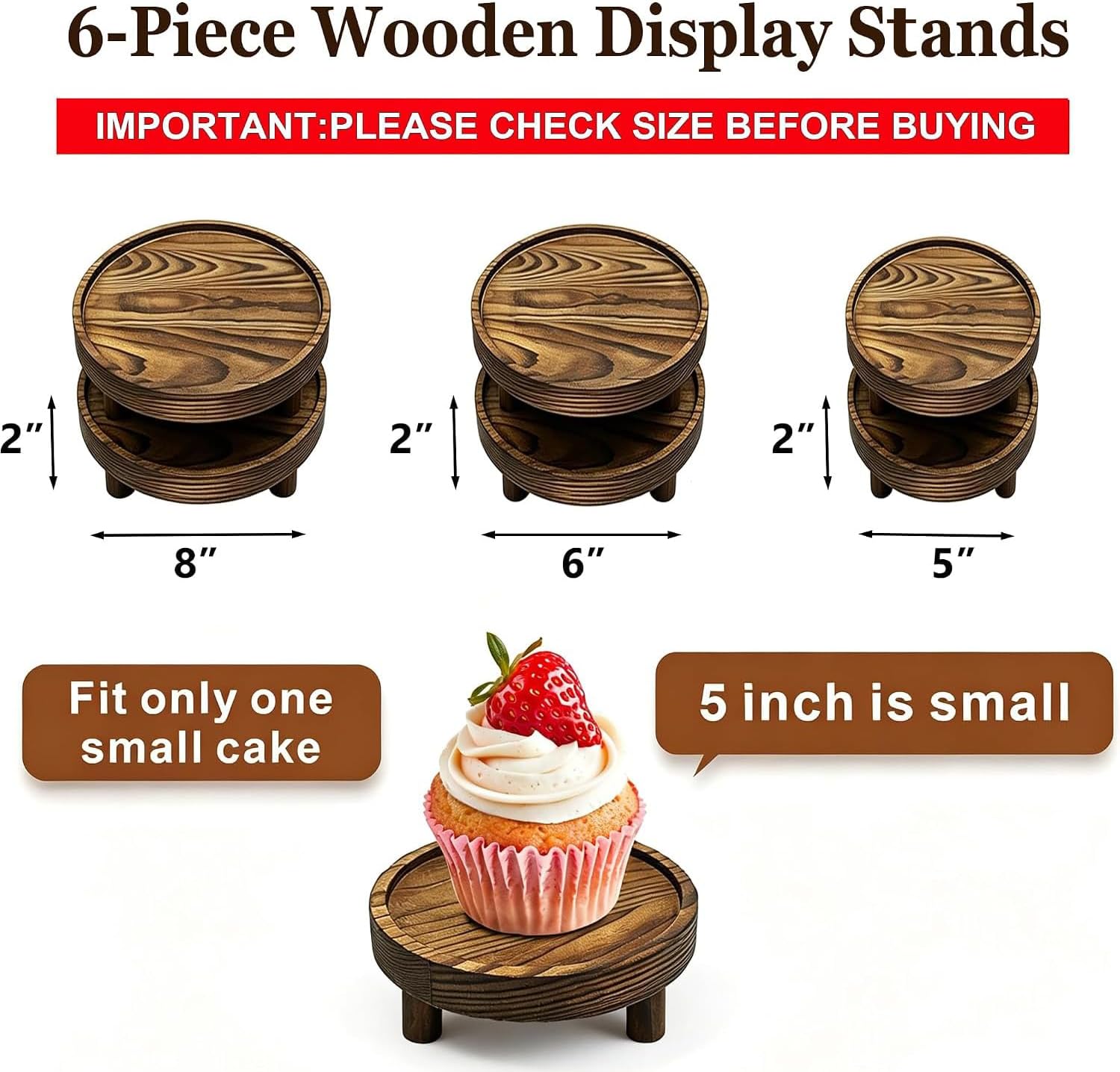 Birchmont 6 PCS 5/6/8 Inch Wood Risers Display Stands, Round Mini Tray Stand