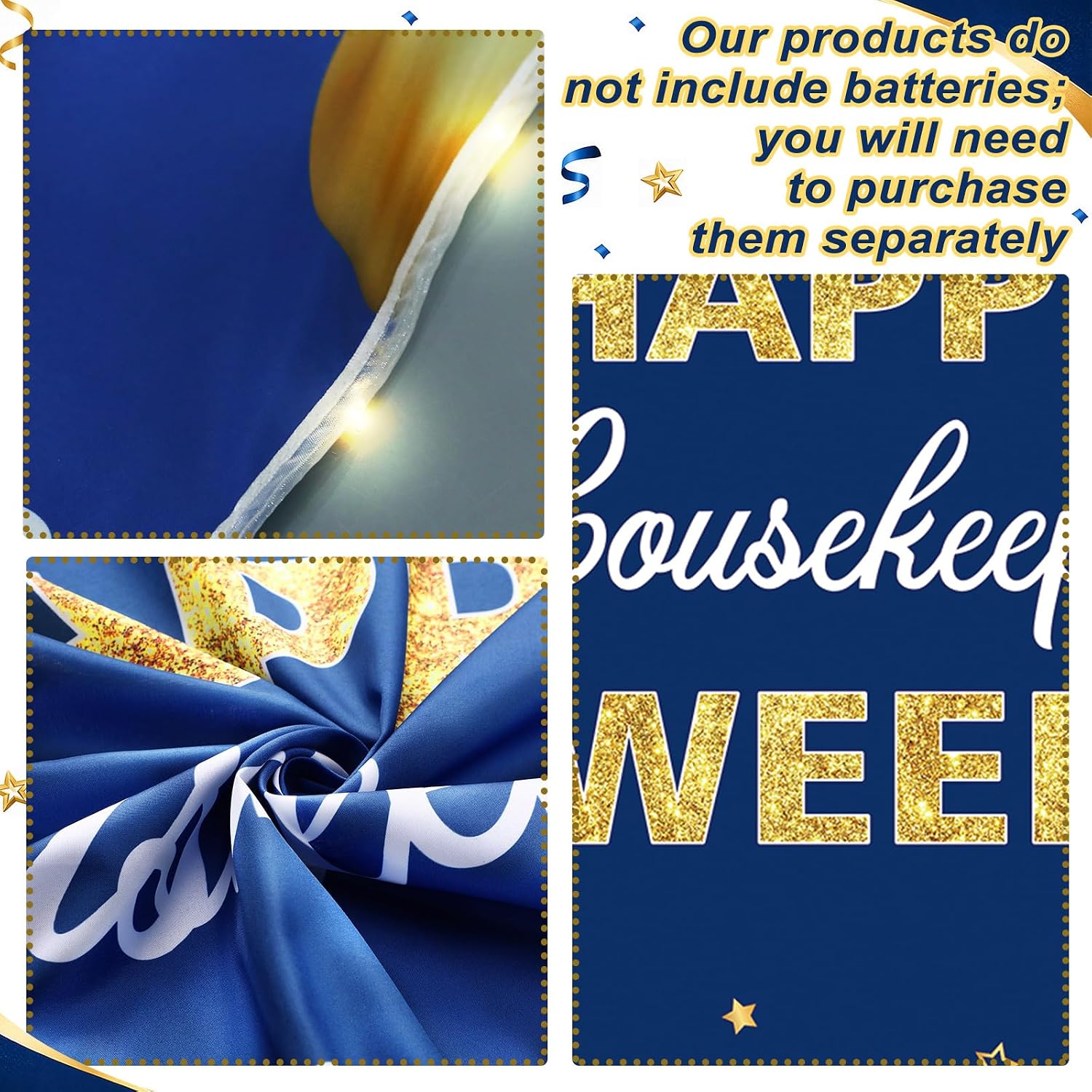 Ashenby 3 Pcs Lighted Happy Housekeeping Week Hanging Banner with LED Lights, navy blue, gold