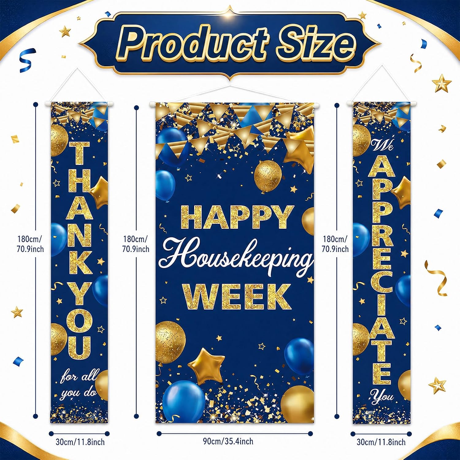 Ashenby 3 Pcs Lighted Happy Housekeeping Week Hanging Banner with LED Lights, navy blue, gold