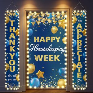 Ashenby 3 Pcs Lighted Happy Housekeeping Week Hanging Banner with LED Lights, navy blue, gold