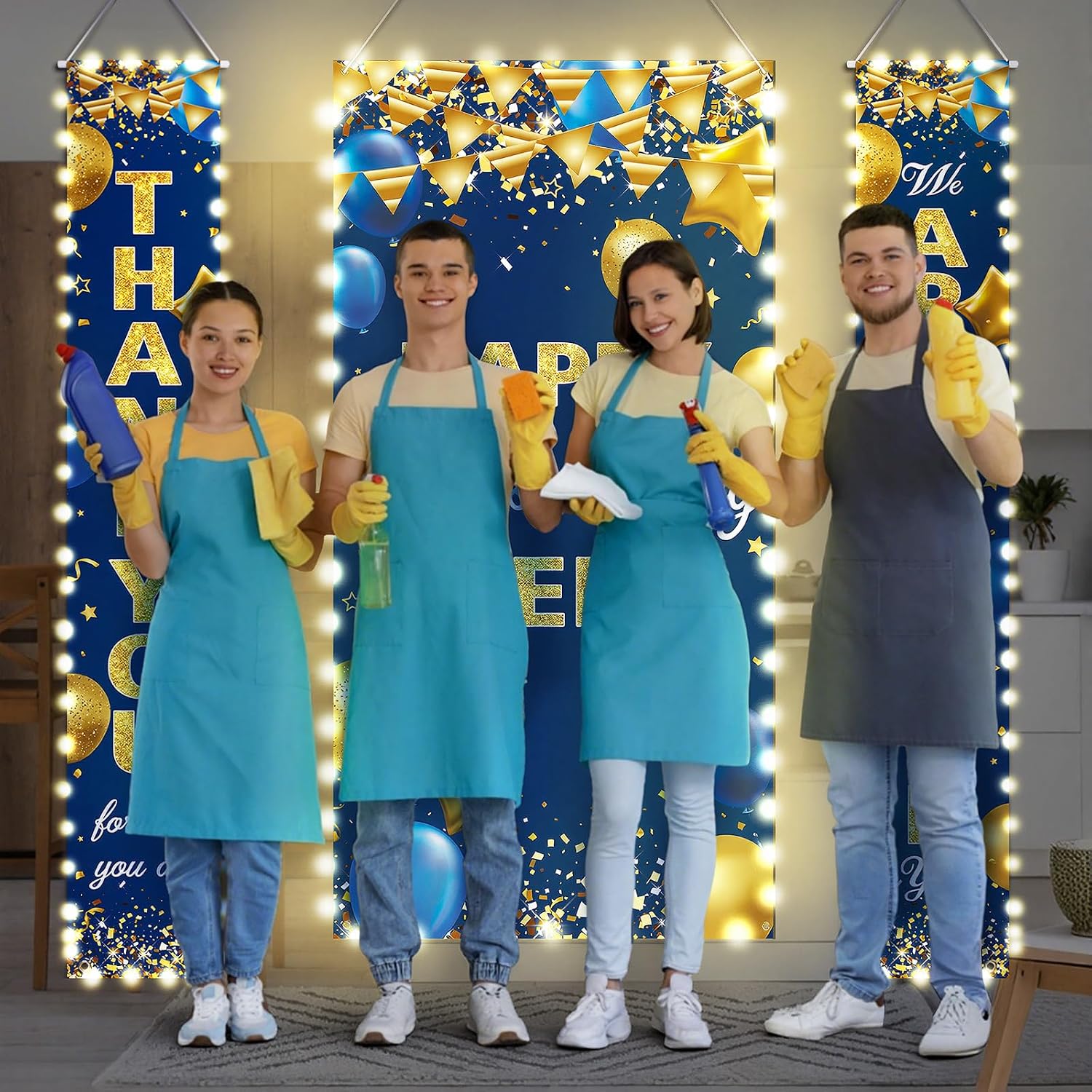 Ashenby 3 Pcs Lighted Happy Housekeeping Week Hanging Banner with LED Lights, navy blue, gold