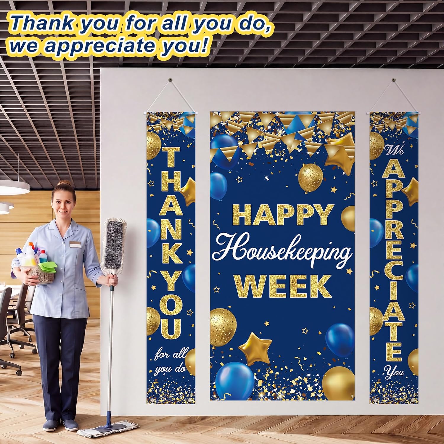 Ashenby 3 Pcs Lighted Happy Housekeeping Week Hanging Banner with LED Lights, navy blue, gold
