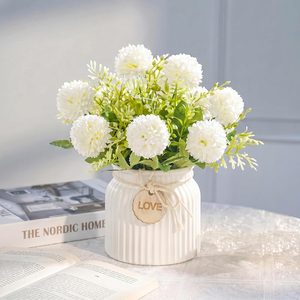 VelloHome Potted Ball Chrysanthemum Artificial flowers, Realistic Fake Flowers Decor, White Ball Flower