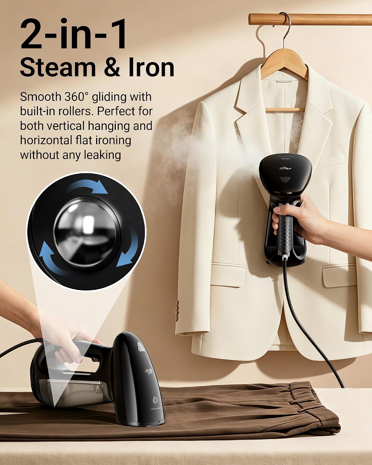 Aldernest Steamer for Clothes, 1300W 25s Fast Heat-up Fabric Wrinkle Remover, 2.3 pounds, Elegant Black