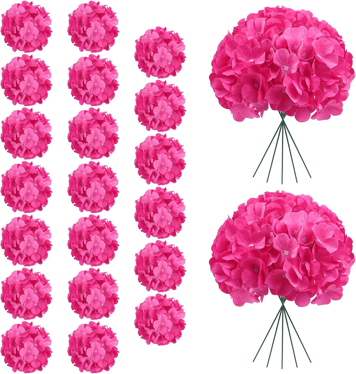 Aldernest 20PCS Hot Pink Hydrangea Artificial Flowers Bulk Realistic Silk Faux Hydrangea Heads with Stems Fake Flowers for Wedding,Party,Home,Table