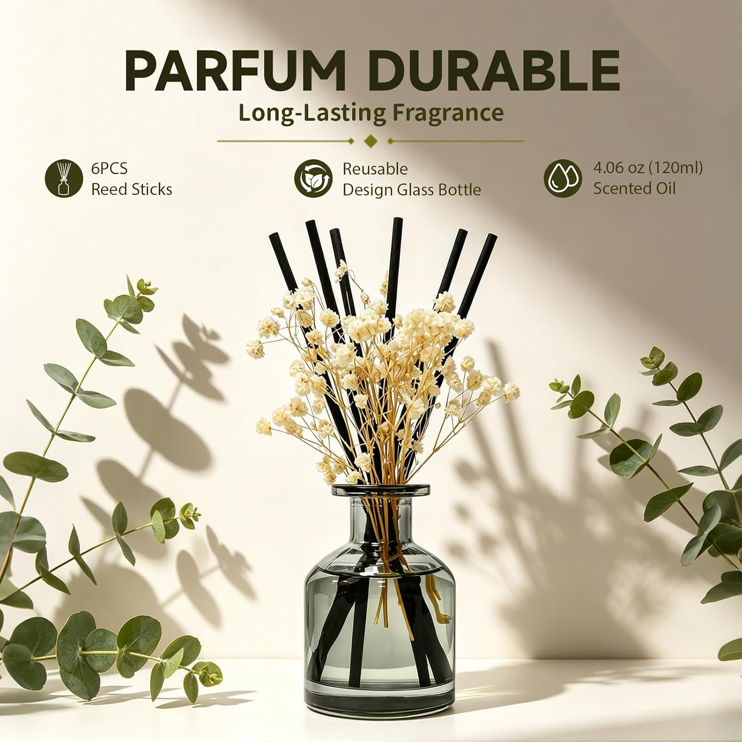 Aldernest Reed Diffuser Set, Fresh Linen Scent, 4.06 fl oz Essential Oils, 15.2 ounces, Transparent Grayish Green