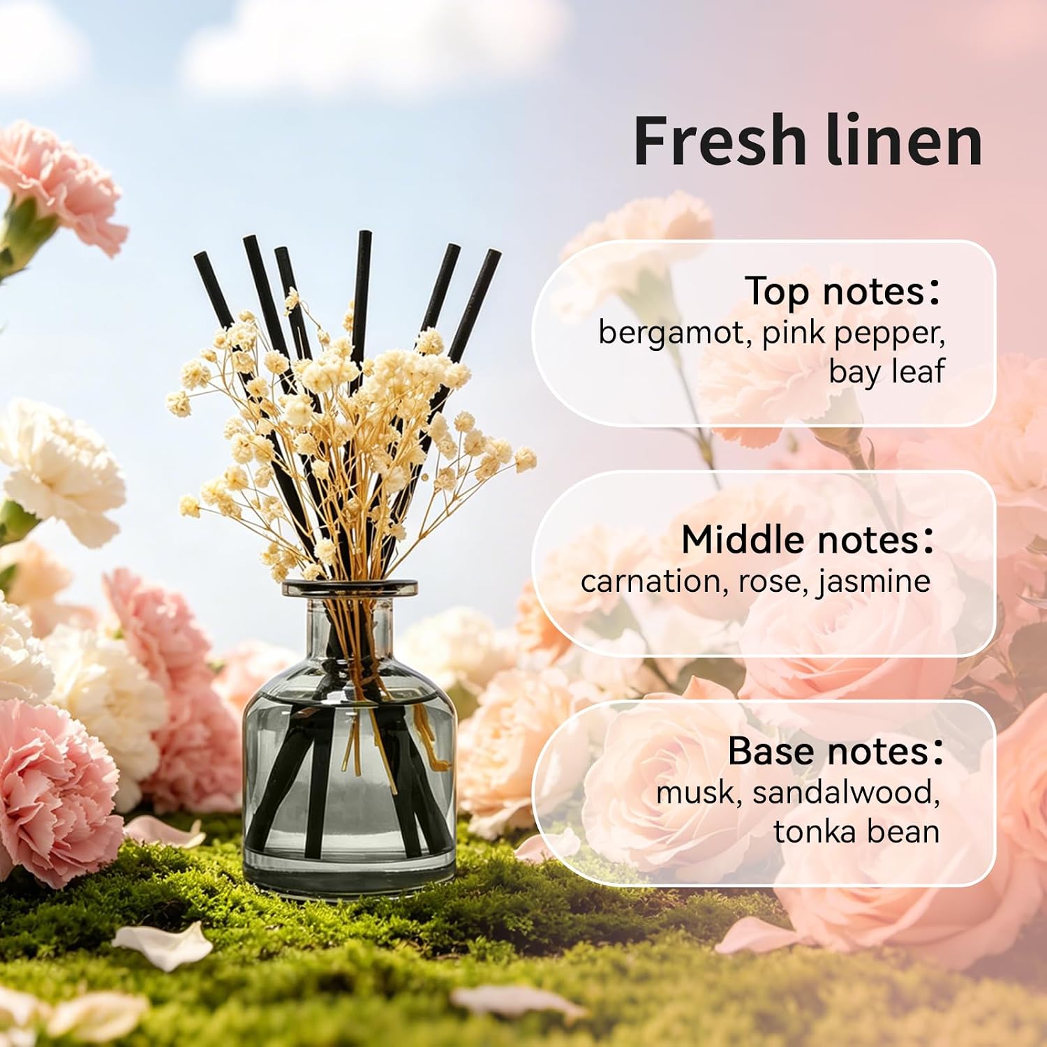 Aldernest Reed Diffuser Set, Fresh Linen Scent, 4.06 fl oz Essential Oils, 15.2 ounces, Transparent Grayish Green