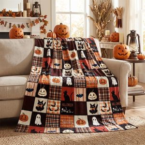 VelloHome Halloween Grid Pumpkin Cat Bat Ghost Flannel Throw Blanket 50x60, Black