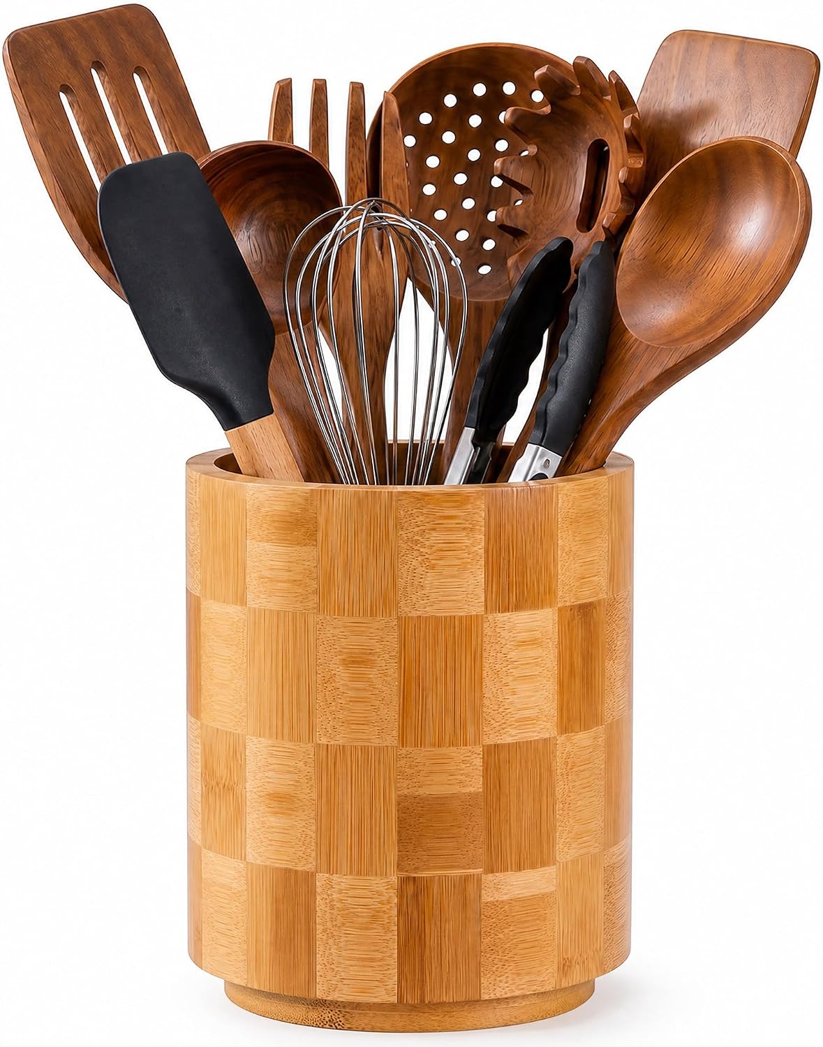 Aldernest 360° Rotating Checkered Bamboo Utensil Holder for Countertop, 1.3 pounds, Brown