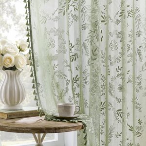 VelloHome Sage Green Sheer Curtains 63 Inch Length, Boho Lace Window Panels, 1.1 pounds, 52"W x 63"L (Pack of 2)