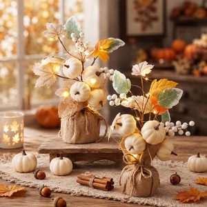 Aldernest Green, White 2 Set Fall Table Centerpieces Fall Decor with LED Light
