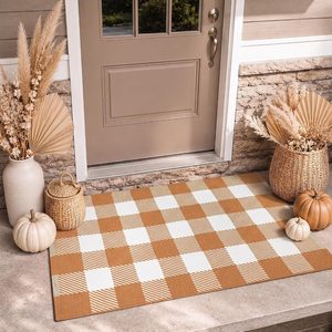 Aldernest Fall Door Mat Caramel and White Buffalo Plaid Rug 28" x 43", 8.29 Square Feet