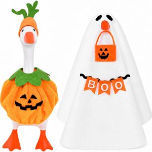 Birchmont Halloween Desk Goose Outfit 7 inch Mini Goose Pumpkin Ghost Clothes with Pumpkin Hat Basket Magnetic Desk Goose Statue Decor, 2 Count
