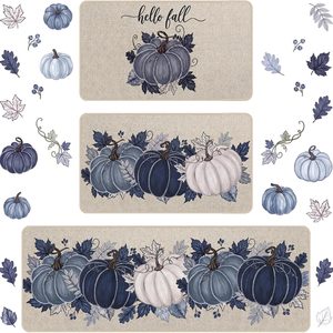 Aldernest 3 Pcs Blue Fall Pumpkin Kitchen Mats Rugs 17 x 30 and 17 x 47 Inch