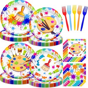 Ashenby 96PCS Art Paint Party Supplies for Birthday Paint Splatter Party Decorations Painting Theme Dinnerware 300gsm Paper Plates Cups Napkins