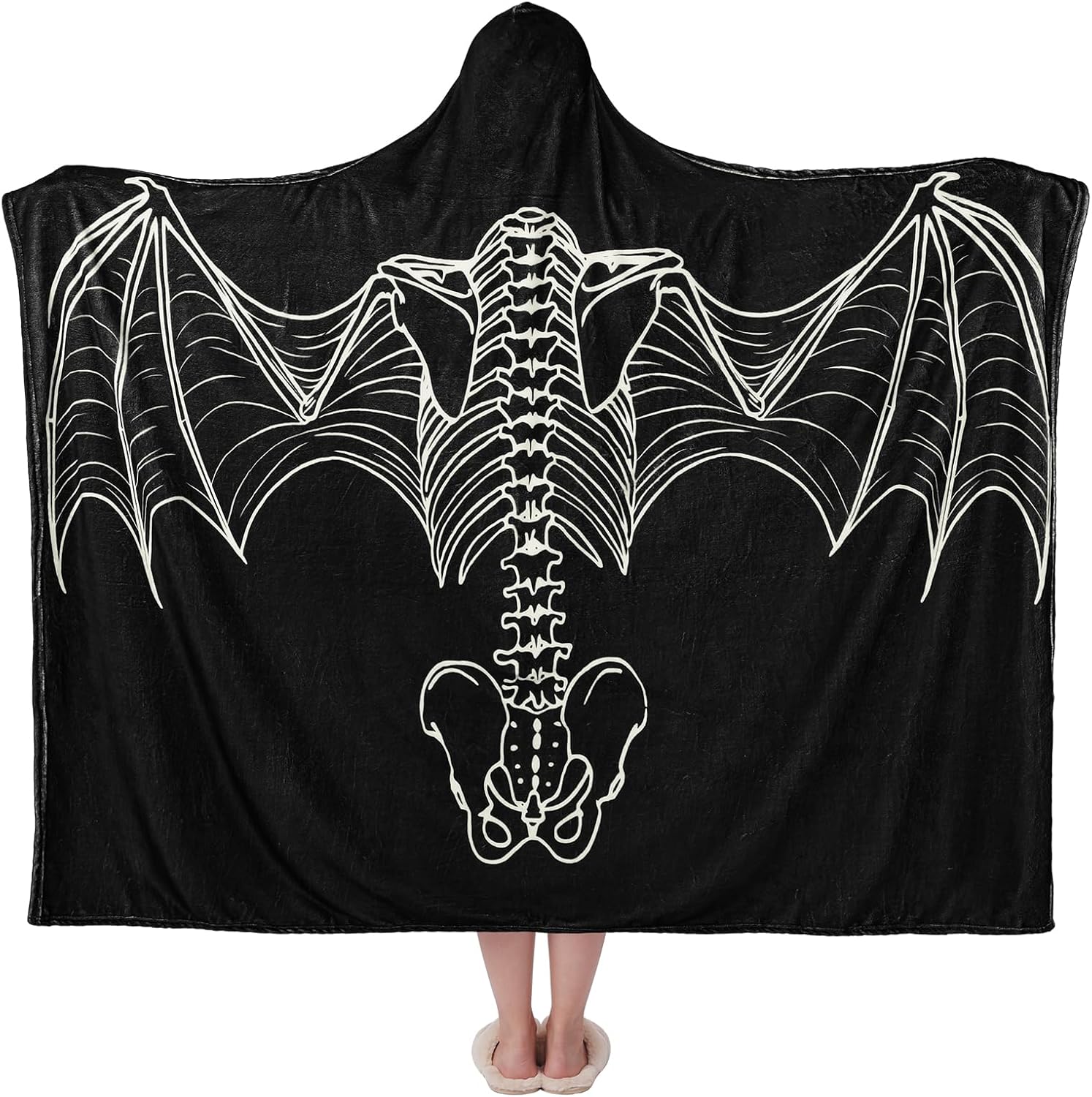 Ashenby 70"x47" Halloween Gothic Hooded Blanket, Bat Skeleton Blanket, 1.6 pounds