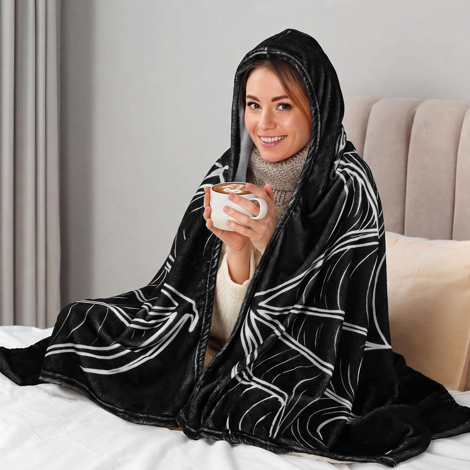 Ashenby 70"x47" Halloween Gothic Hooded Blanket, Bat Skeleton Blanket, 1.6 pounds
