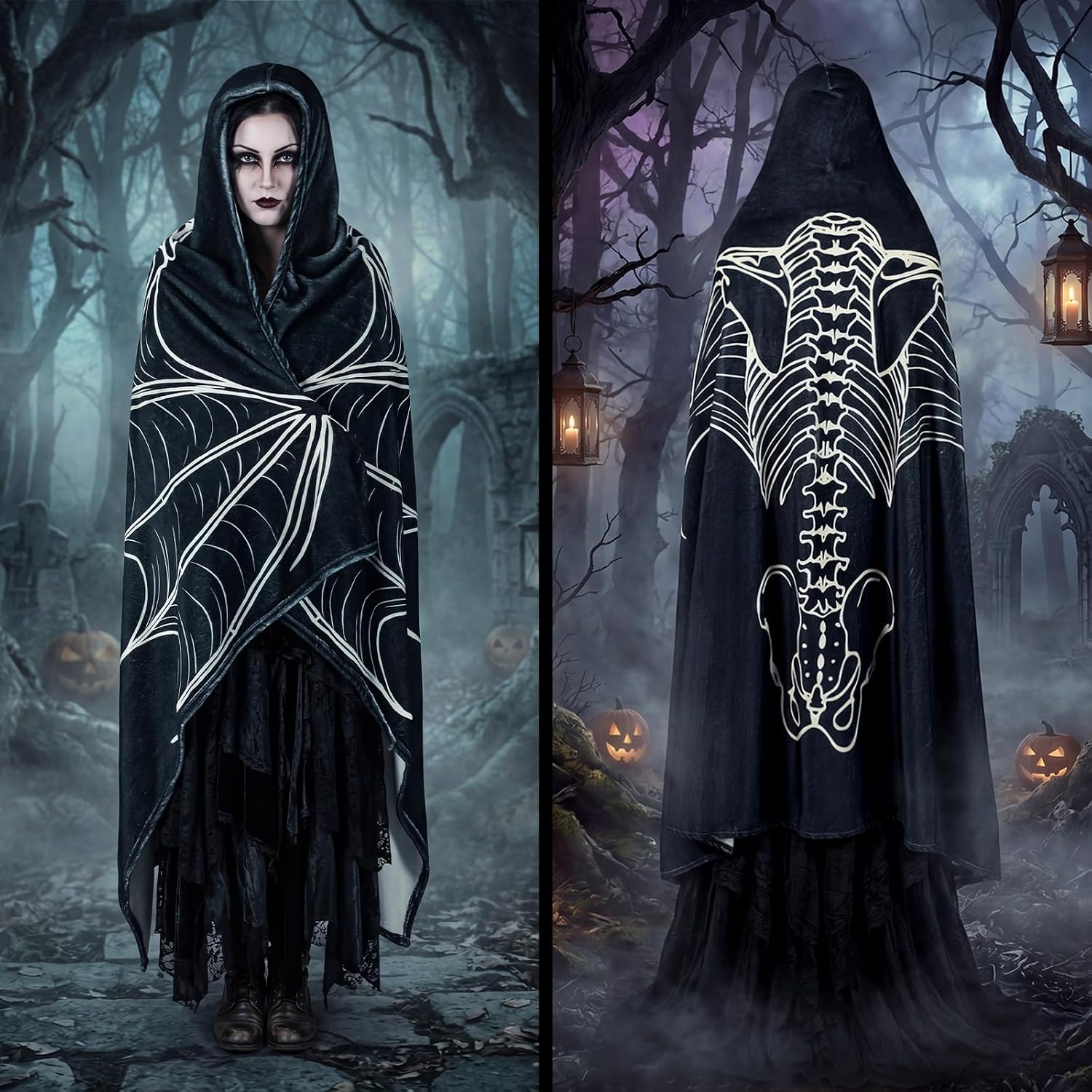 Ashenby 70"x47" Halloween Gothic Hooded Blanket, Bat Skeleton Blanket, 1.6 pounds