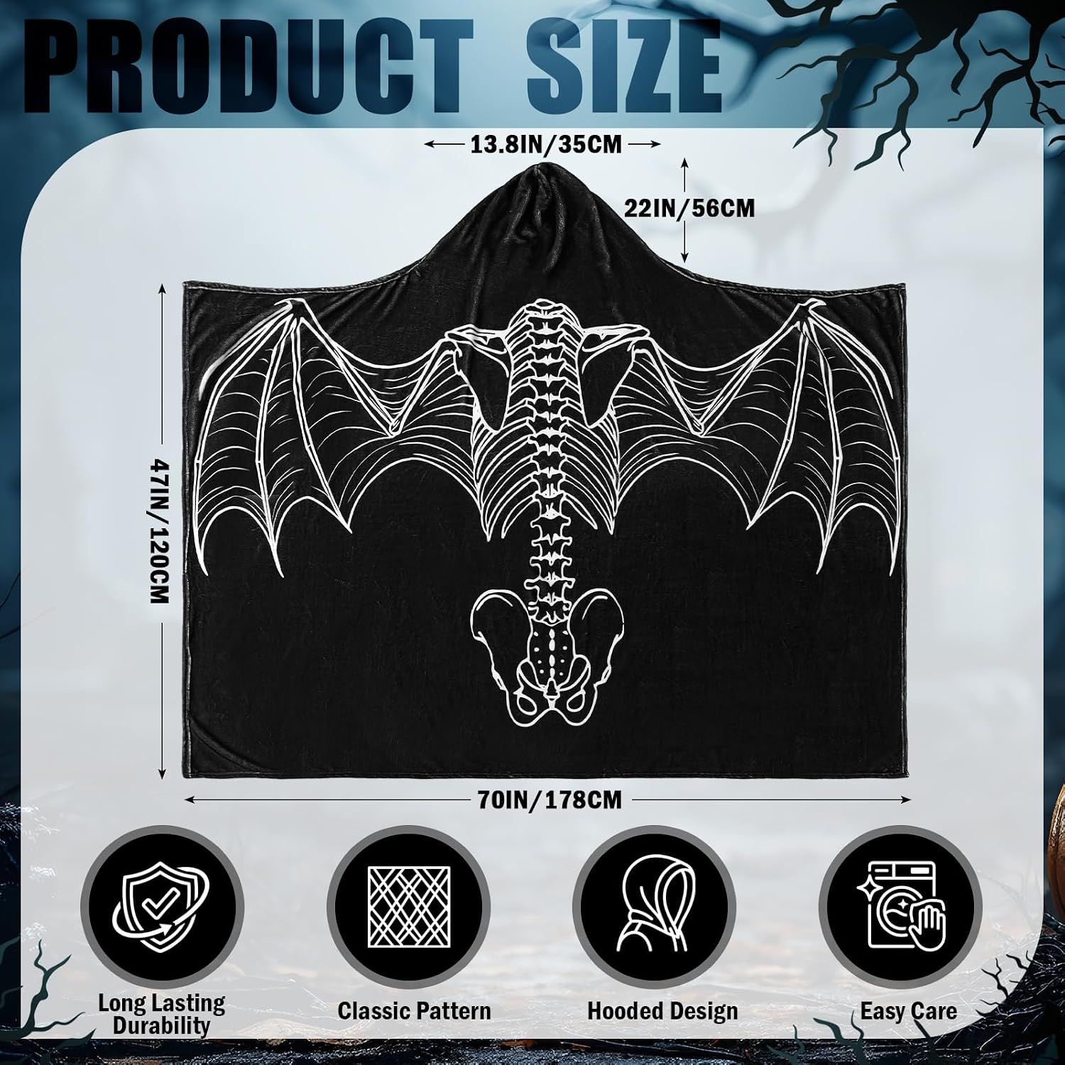 Ashenby 70"x47" Halloween Gothic Hooded Blanket, Bat Skeleton Blanket, 1.6 pounds