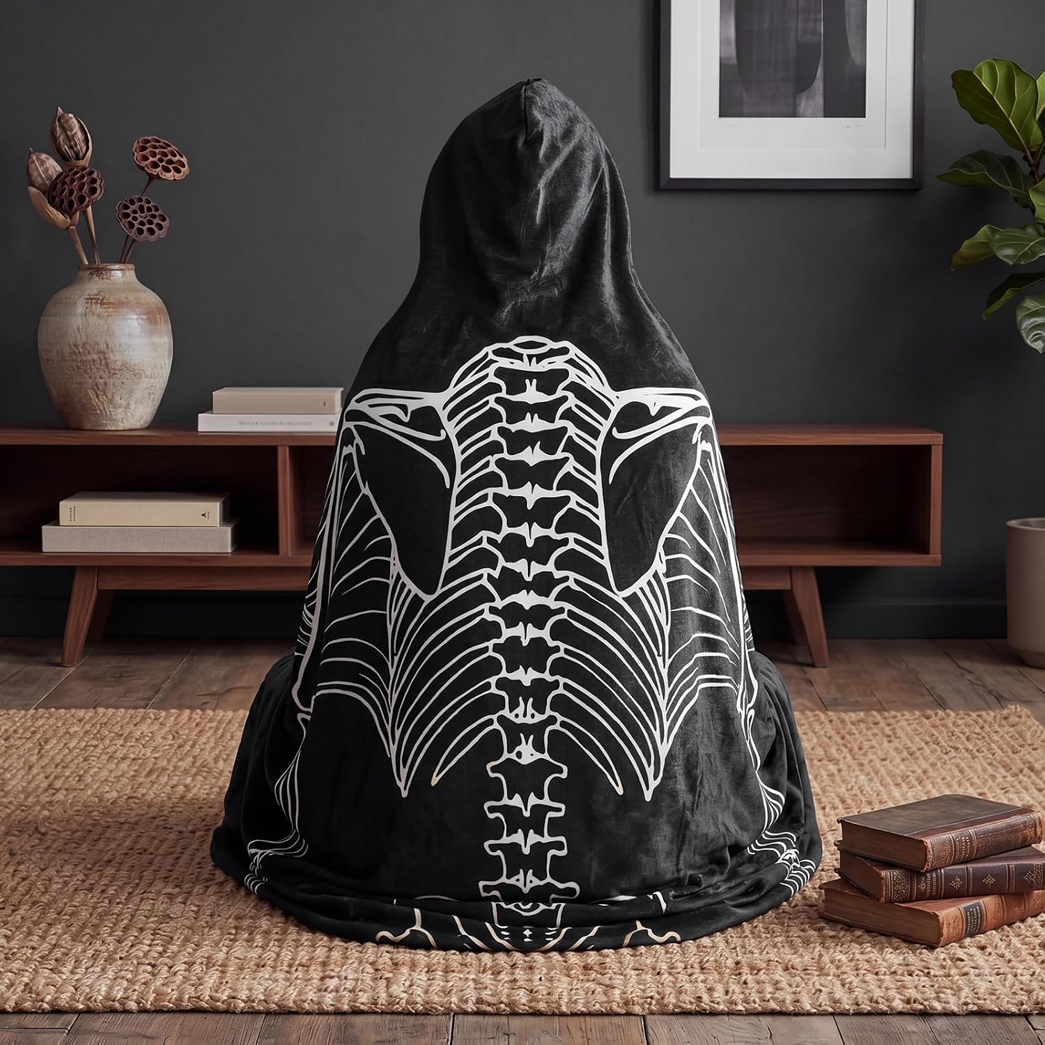 Ashenby 70"x47" Halloween Gothic Hooded Blanket, Bat Skeleton Blanket, 1.6 pounds