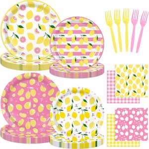 Ashenby 96PCS Lemon Party Supplies for Birthday Pink and Yellow Lemon Party Decorations Fruit Lemonade Theme Paper Plates Cups Napkins Tableware for
