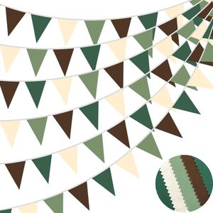 Ashenby 40Ft Sage Green Brown Fabric Bunting Banner Pennant Hanging Party Decorations Cotton Triangle Flag Garland for Neutral Dinosaur Jungle Safari