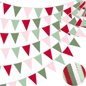 Ashenby 40Ft Sage Green Red Fabric Bunting Banner Pennant Hanging Party Decorations Cotton Triangle Flag Garland for Retro Pink Christmas New Year