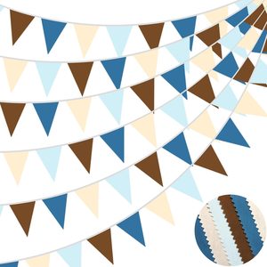 Ashenby 40Ft Dusty Blue Brown Fabric Bunting Banner Pennant Hanging Party Decorations Cotton Triangle Flag Garland for Retro Neutral Western Cowboy