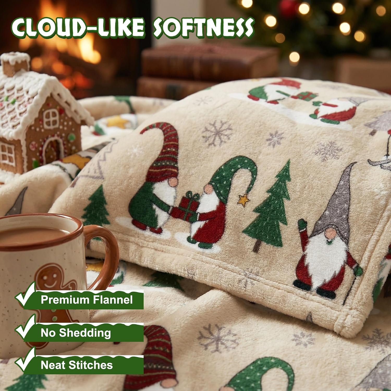 VelloHome Christmas Gnome Blanket Cozy Flannel Fleece Couch Sofa Throw 50x60, 1.4 pounds
