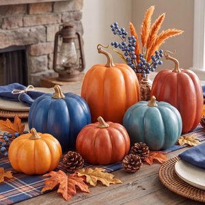 Aldernest 7 Pcs Fall Pumpkins Decor, Resin Thanksgiving Table Centerpiece, Orange