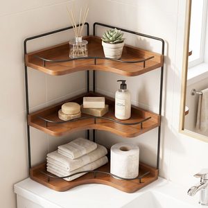 Aldernest 3-Tier Corner Bathroom Counter Organizer, Solid Wood Corner Shelf, Black